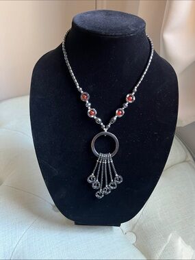 Mid-Century Modern Artisan Dark Silver Metal-Tone Necklace with Red Accent Beads